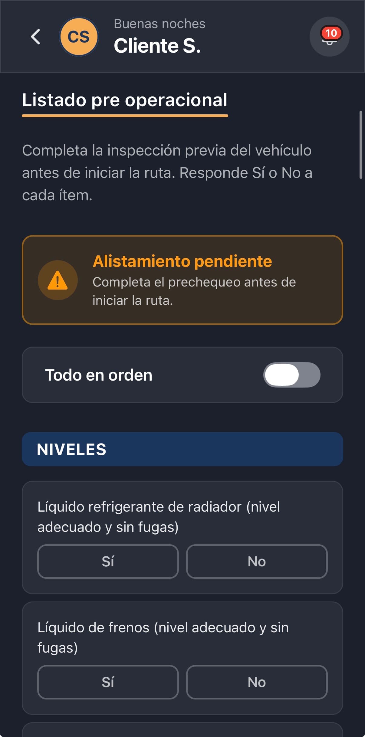 Listado pre-operacional